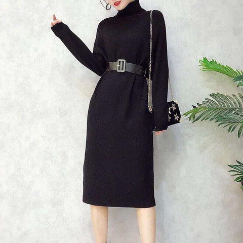 2018 Drop Ship Winter Female Sweater Dress Women Pullover Turtleneck Long Sleeves Warm Slim Sweater Knitted Dress With Belt