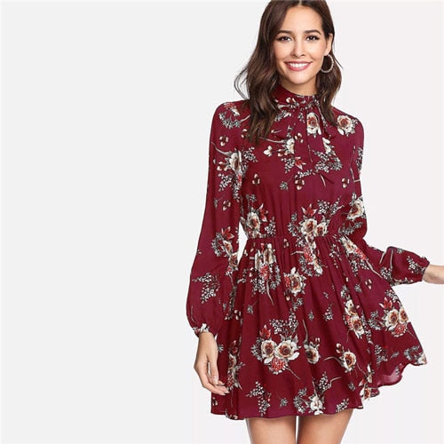 SHEIN Autumn Floral Women Dresses Multicolor Elegant Long Sleeve High –  Bean Hill Shop