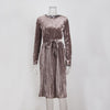Susi&Rita Vintage Long Sleeve Velvet Dress Women 2019 Bodycon Belted Midi Dress Spring Pleated Party Dresses Vestidos Robe Femme