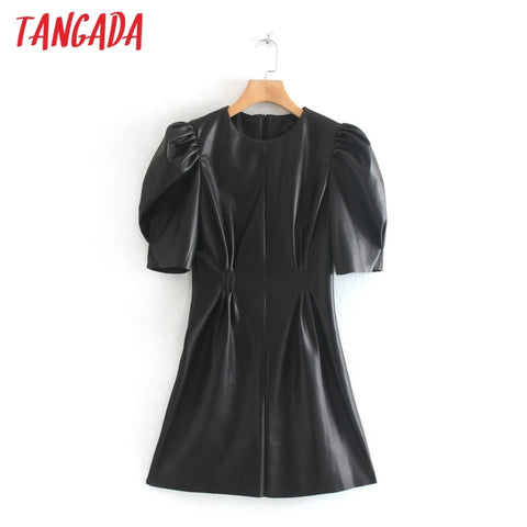 Tangada Women Black Faux Leather Dress Vintage Short Sleeve 2019 Zipper female Pleated Tunic Mini Dress 2W92