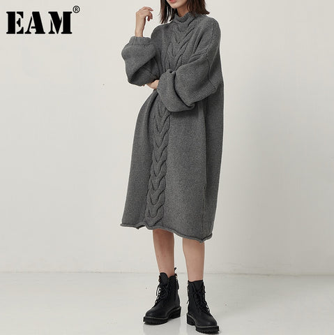 [EAM] Women Gray Knitting Big Size Long Dress New High Collar Long Sleeve Loose Fit Fashion Tide Spring Autumn 2019 1D402
