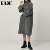 [EAM] Women Gray Knitting Big Size Long Dress New High Collar Long Sleeve Loose Fit Fashion Tide Spring Autumn 2019 1D402