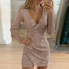 VIEUNSTA Sexy Silver Glitter Dresses for Women 2019 Deep V-Neck Sequin Mini Bodycon Dress Autumn Winter Long Sleeve Party Dress