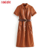 Tangada women PU faux leather dress with belt short sleeve retro elegant ladies brown mid dress vestido 3H166