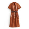 Tangada women PU faux leather dress with belt short sleeve retro elegant ladies brown mid dress vestido 3H166