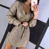 Sexy V-Neck Sequin Wrap Bodycon Dress Women Autumn Long Sleeve Glitter Mini Dress Gold Elegant Bandage Slim Party Dress Vestidos