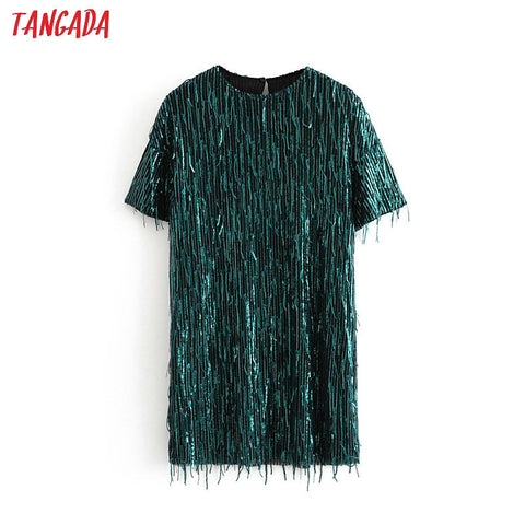 Tangada women green Sequined dress o neck short sleeve 2019 autumn winter female new year party dress vestidos 3H171