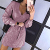 Sexy V-Neck Sequin Wrap Bodycon Dress Women Autumn Long Sleeve Glitter Mini Dress Gold Elegant Bandage Slim Party Dress Vestidos