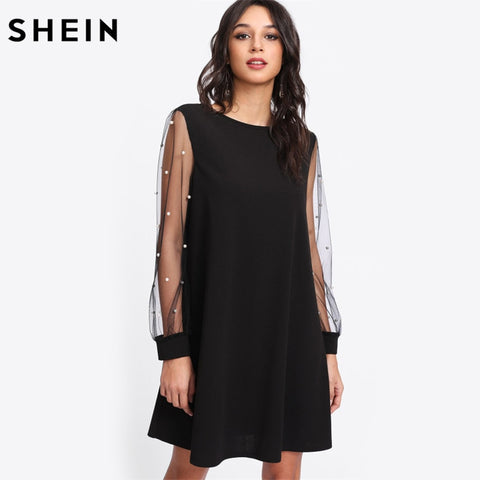 SHEIN Elegant Womens Dresses Pearl Beading Mesh Sleeve Tunic Dress Autumn Black Boat Neck Long Sleeve A Line Dress