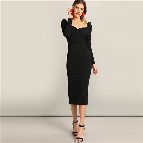 SHEIN Black Surplice Neck Sweetheart Puff Sleeve Split Pencil Plain Bodycon Dress Women Spring Elegant High Waist Dress